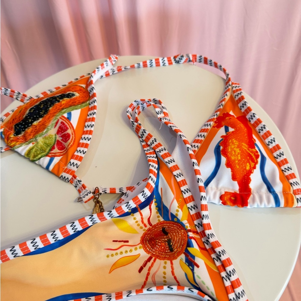 Orange & White Triangle Bikini Set With Charms